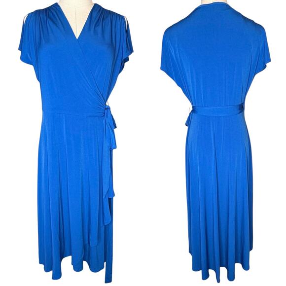 Vicky Tiel Jersey Midi Wrap Flutter Sleeve Blue Dress NEW size Small - Picture 1 of 3
